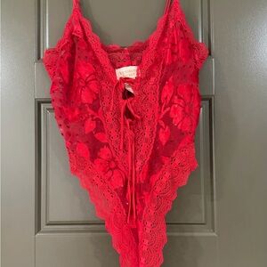 Victoria's Secret Vibrant Red Lace Floral Lace-Up Teddy